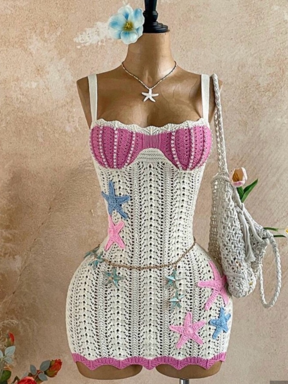 NEW 🌟 Handmade Crochet Mini Dress with Pink Bust & Starfish Accents. NWOT